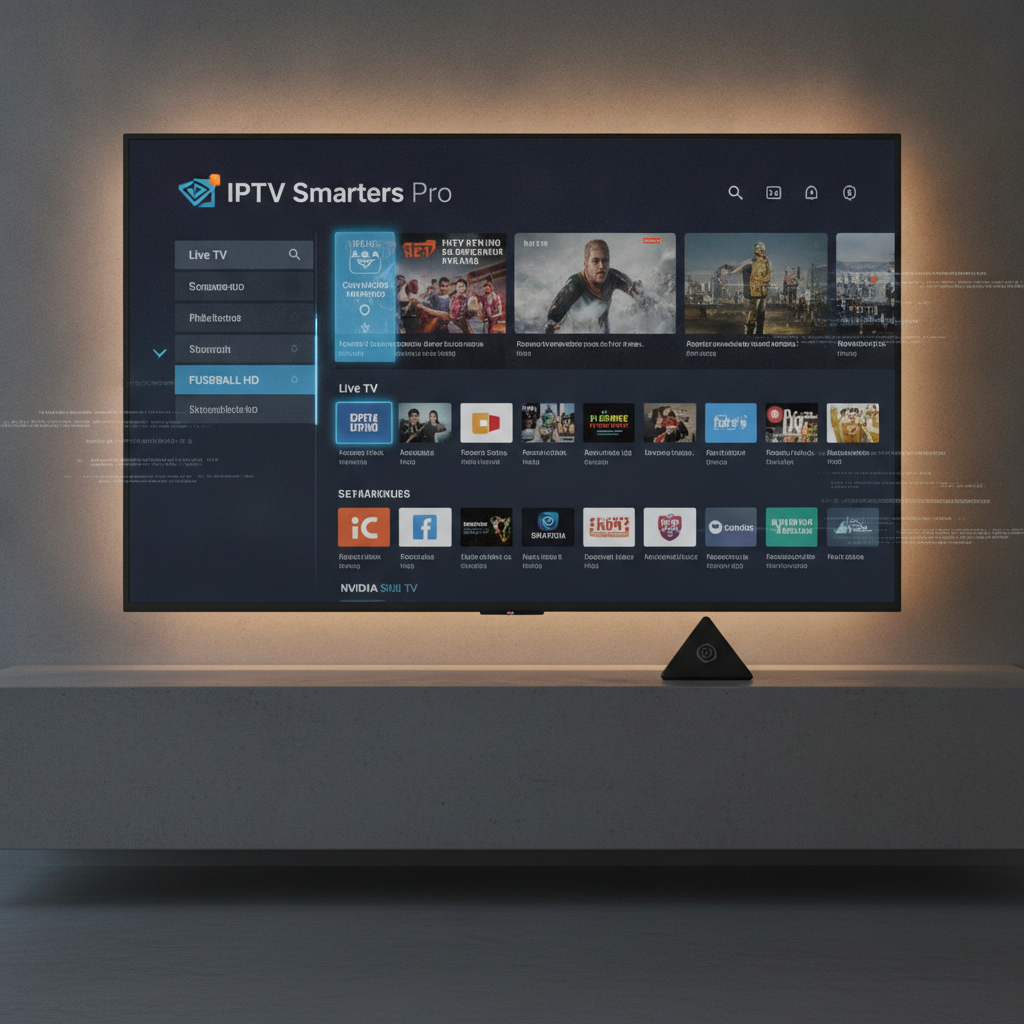Ein NVIDIA SHIELD TV-Gerät mit Fernbedienung vor einem Fernseher, auf dem das IPTV Smarters Pro Logo angezeigt wird.